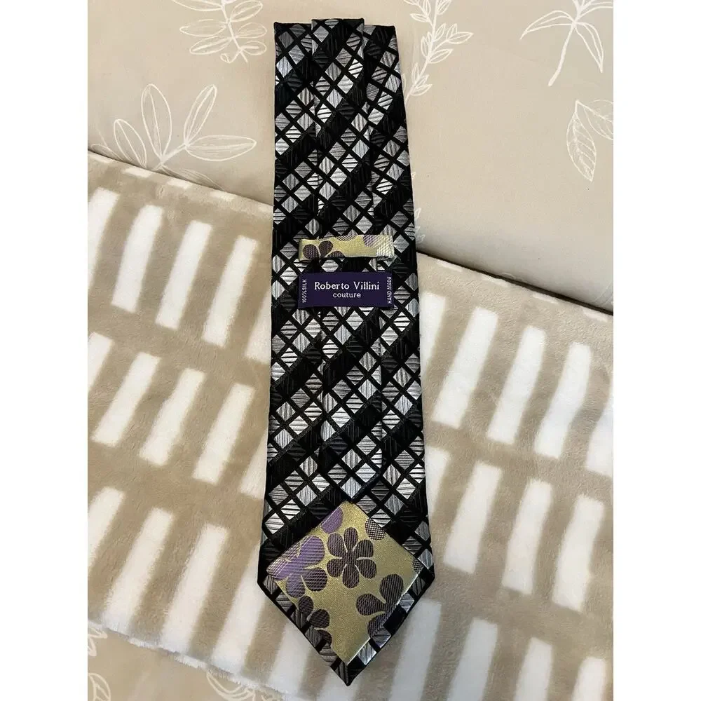 Roberto Villini Silk Black Gray Geometric Designer Men's Tie Logo Accent